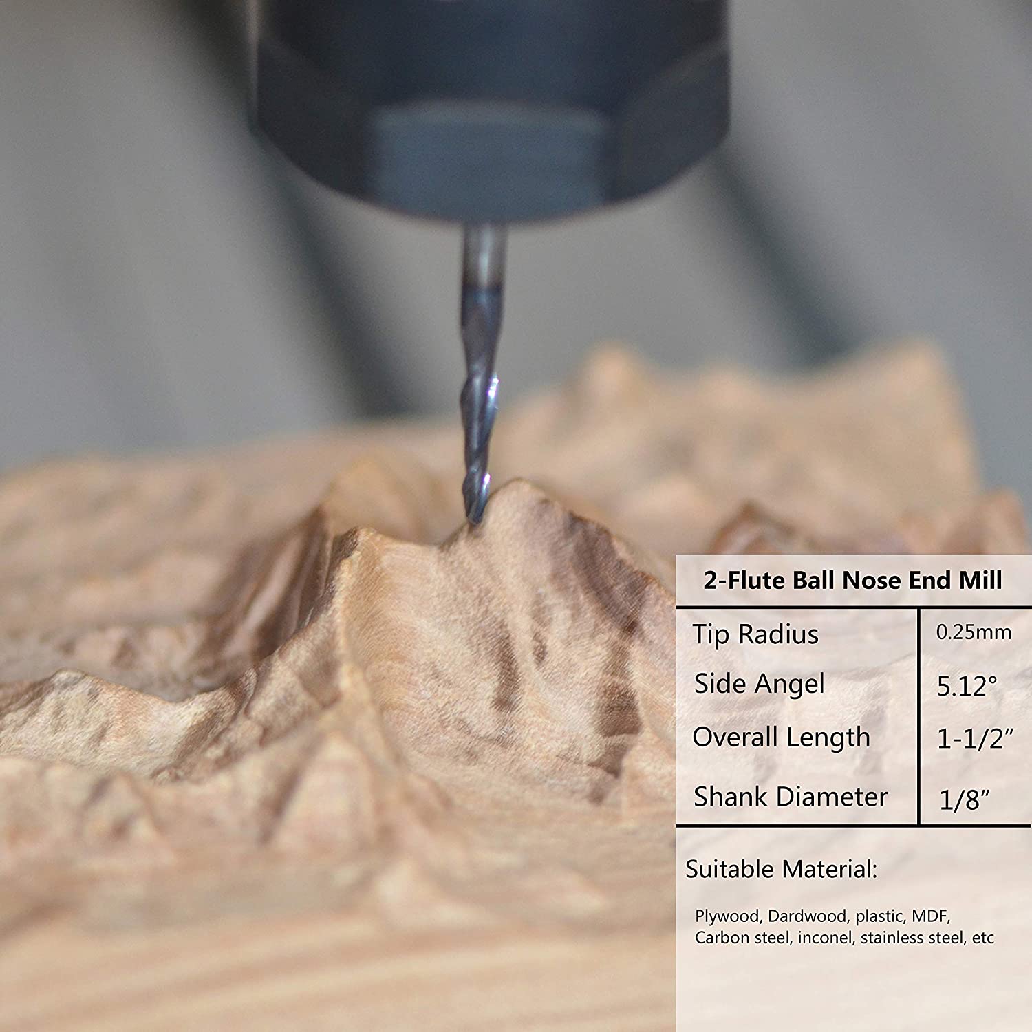 SpeTool 5Pc/Pack 1.0mm Cutting Radius(2.0mm Diameter) Tapered Ball Nose End Mill 1/8 Shank Radius with TiAlN Coated CNC Router Bit for 3D