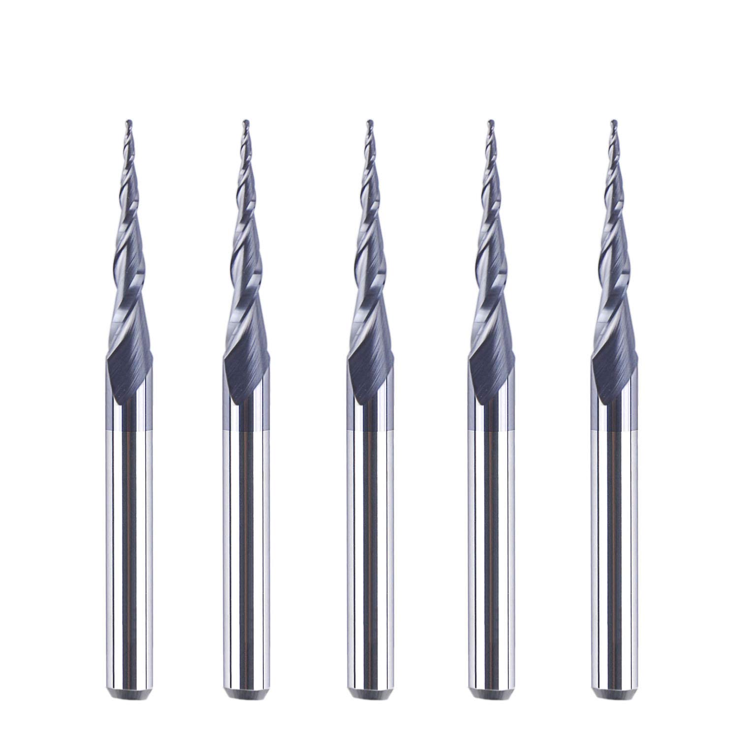 SpeTool 5Pc/Pack 1.0mm Cutting Radius(2.0mm Diameter) Tapered Ball Nose End Mill 1/8 Shank Radius with TiAlN Coated CNC Router Bit for 3D