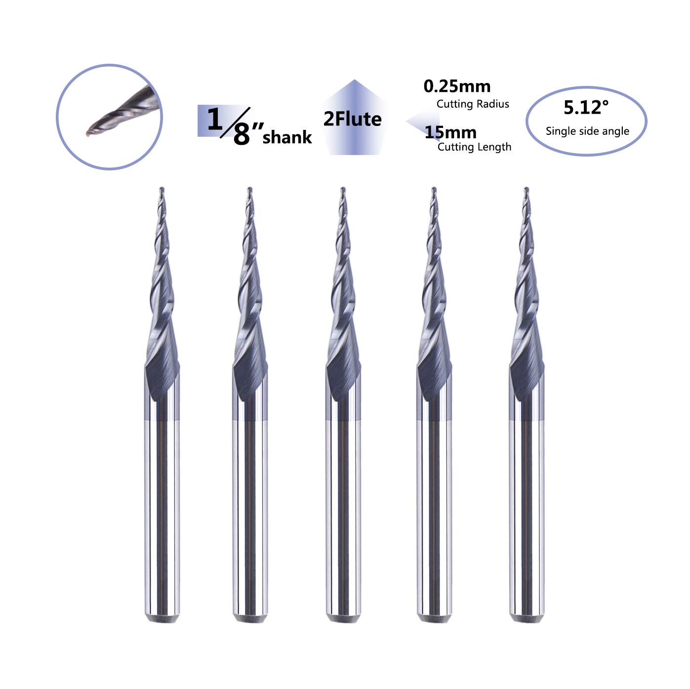SpeTool 5Pc/Pack 1.0mm Cutting Radius(2.0mm Diameter) Tapered Ball Nose End Mill 1/8 Shank Radius with TiAlN Coated CNC Router Bit for 3D